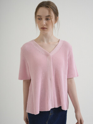 V-neck Shirring Button Knit Cardigan (Light_pink)