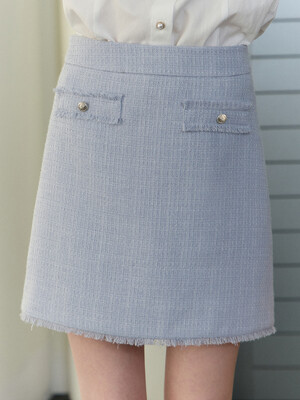 Fringe Tweed Mini Skirt - Blue