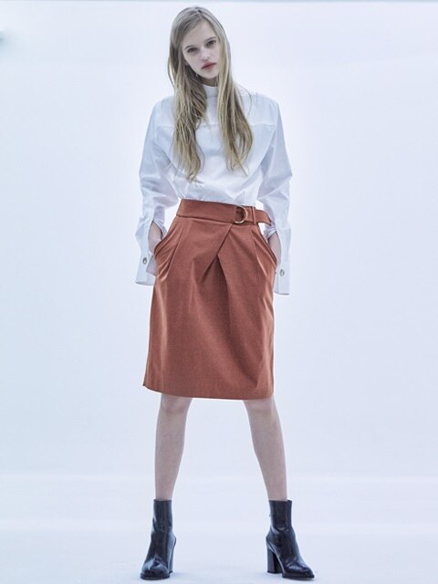 PEGGED BUCKLE MIDI SKIRT_CAMEL