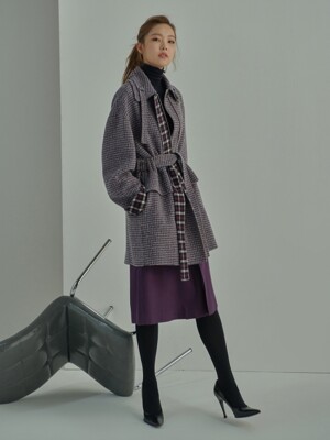 Volumed Sleeve Double Check Pattern Hand Made Coat Plum