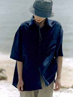 LINEN HALF SHIRT (NAVY)