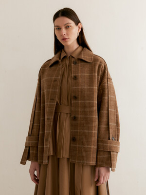 BELT POINT HALF CHECK HANDMADE COAT - BROWN