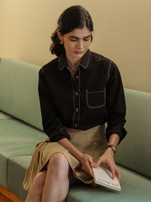 Stitch round collar pocket shirt_Black