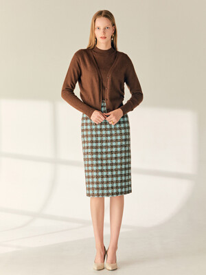 [SET]LEANNA V-neck fine wool knit cardigan + SHIRLEY Mock neck fine wool knit top (Brown)