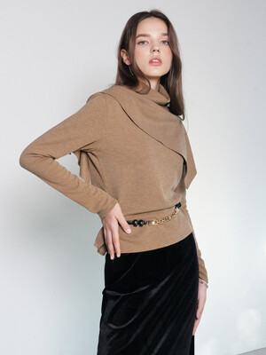 BELLA high-neck layered scarf top(CAMEL)