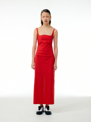 Square neck strap back smocking dress (Red)