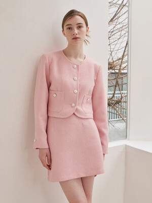 Tweed Pearl Button Jacket Set Up -Pink