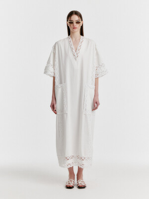 YON Lace-trim Half-sleeve Dress - White