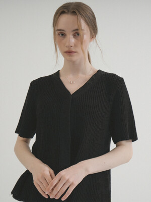 V-neck Shirring Button Knit Cardigan (Black)