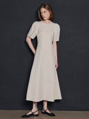 Stitched A line Cotton Dress_Light Beige