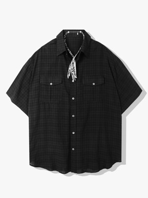 [bandana necklace set] washed check linen 2 pocket half shirt black