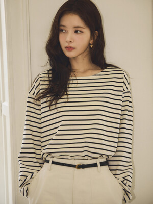 SITP5192 루즈 핏 ST 보트넥 티셔츠_Black stripe