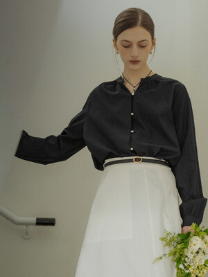 Pure cotton pearl button blouse_Navy