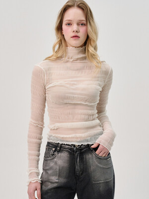 Cien Shirring Seethrough Turtlenect Top_Ivory