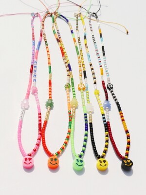Kitsch motives charm beads knot Necklace 키치 스마일 곰돌이 참 비즈 실목걸이 매듭목걸이