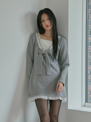 GIRLS SIGNATURE_RIBBON KNIT DRESS_GRAY