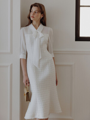 BLAIRE Blouse detailed mermaid tweed long dress (Ivory/Black)