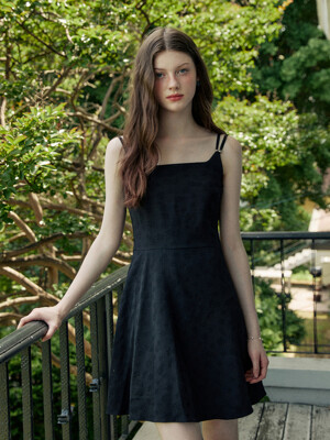 Embo flower pattern twin strap mini dress - black