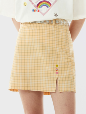 (SK-21145) CHECK CLEAR BELT SKIRT YELLOW