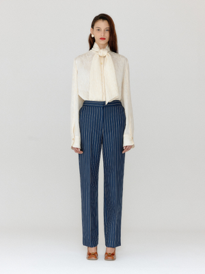 VILONA Straight Pants - Navy/Cream Stripe