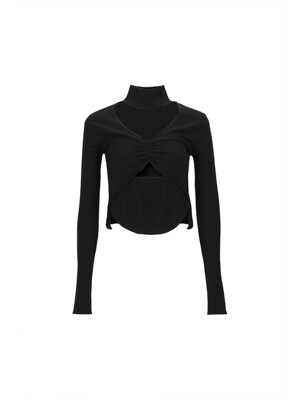 CUT-OUT RUCHED KNIT TOP (BLACK)