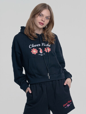 Chain Flower Crop Hooded Sweatshirt_Black