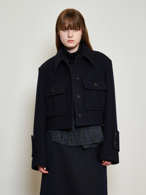 Oversized Pocket Cropped Coat _NAVY