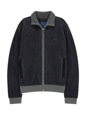 HIGH NECK TWO TONE RIBBED ZIP UP CARDIGAN - NAVY (MEN)