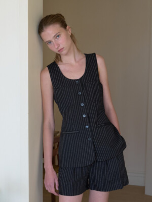 TAILORED LINEN STRIPE SINGLE VEST_BLACK