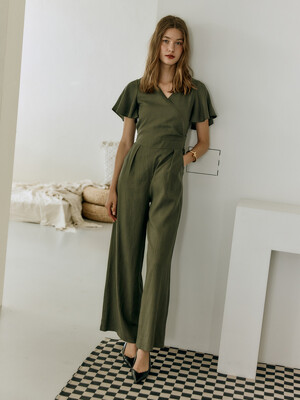 LINEN BLENDED SHORT SLEEVE JUMP SUIT [Khaki]