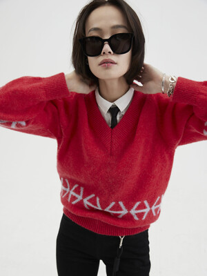 [UNISEX] H Jacquard V-Neck Knit Sweater Red