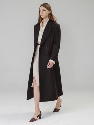 MAXI DOUBLE WOOL BELTED COAT (DARK CHOCOLATE)