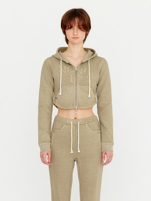 PIGMENT WASHING HOODIE ZIP-UP TOP - BEIGE