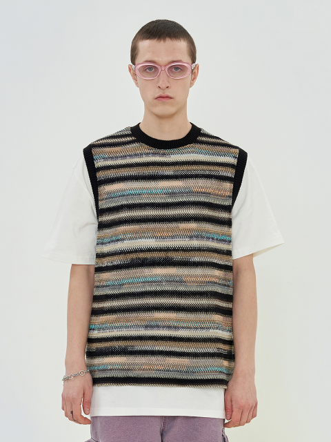 니트 - 어널로이드 (UNALLOYED) - MESH STRIPE KNIT VEST / BLACK