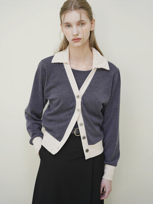 BECKY COLORING COLLAR KNIT CARDIGAN (GREY)