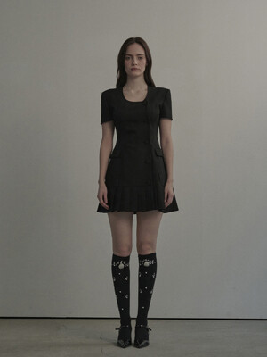 Jenn Round Neck Pleated Half Sleeve Suit Jacket Dress - Black