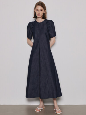 Stitched A line Denim Dress_Indigo Blue