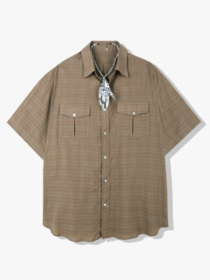 [bandana necklace set] washed check linen 2 pocket half shirt brown