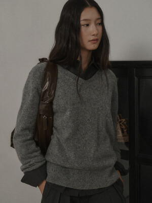 FINE WOOL V NECK KNIT_GRAY