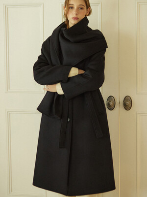 Muffler Belted Wool Long Coat - Navy