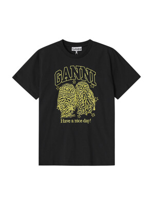 GANNI T4059 252 올빼미 로고 프린트 여성 반팔티