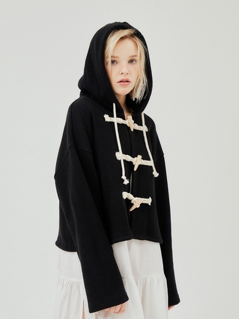 티셔츠,아우터 - 로액슈얼 (lo axual) - WAFFLE CROP TOGGLE HOODIE_BLACK