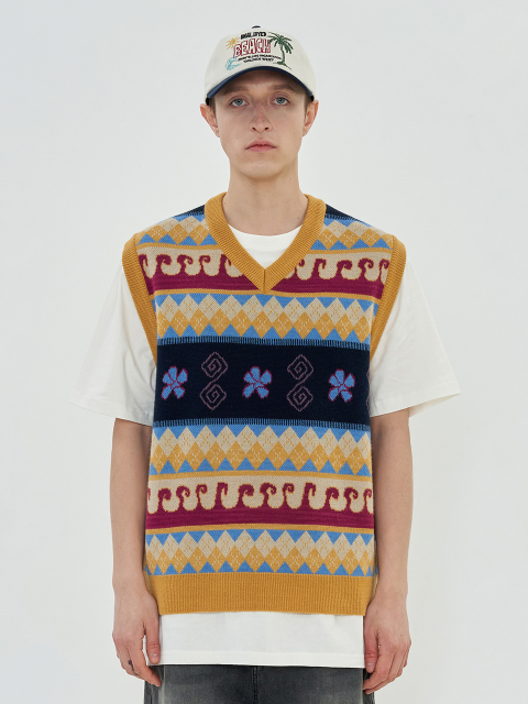 니트 - 어널로이드 (UNALLOYED) - ARGYLE FLOWER KNIT VEST / YELLOW