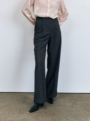 Wide Wool Turn-up Pants, Charcoal