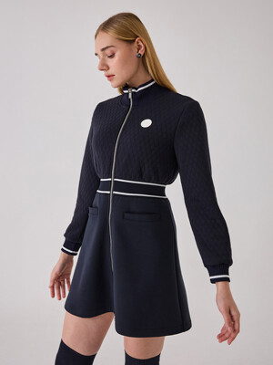 ZIP UP QUILTED FLARE DRESS - NAVY