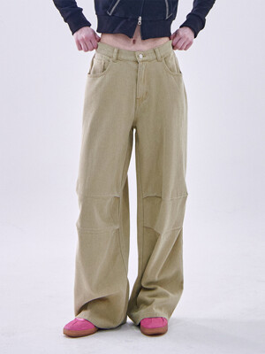 Cotton Wide Parachute Banding Cargo Pants [Beige]