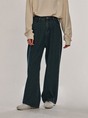 Wide pleated button striped denim pants [Jincheong]