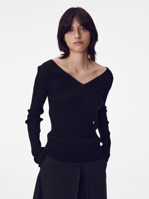 V-Neck Slim Knit, Black