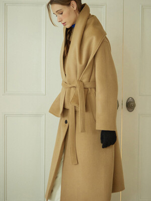 Muffler Belted Wool Long Coat - Camel