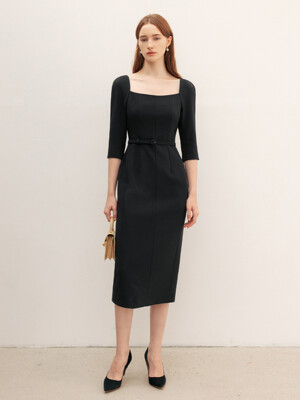 ODETTE Square neck Three-quarter Sleeve H-line midi dress (3color)